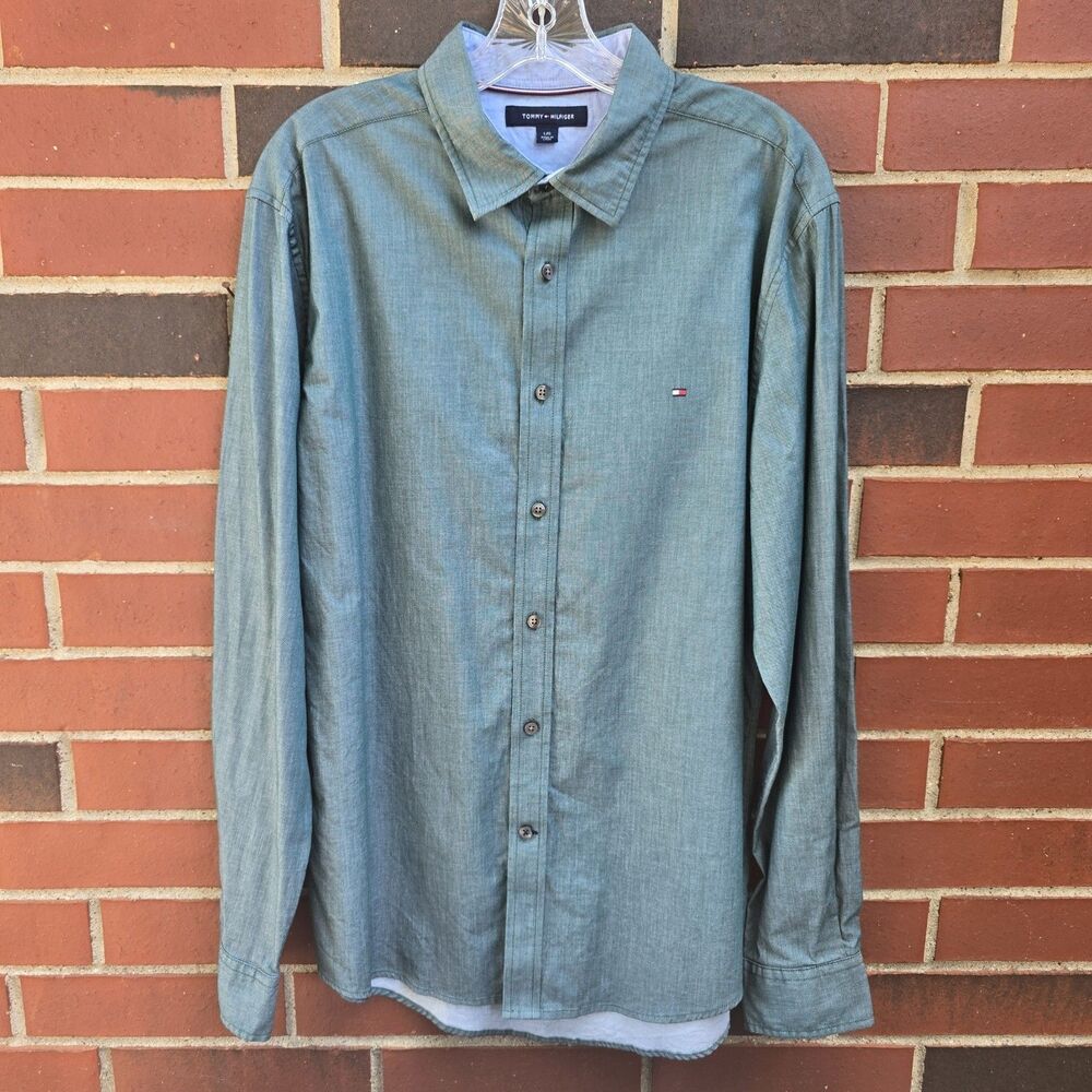 Tommy Hilfiger Button Down Up Mens Size Large Green Dress Work Shirt Logo Shirt